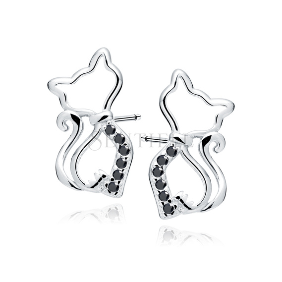 Silver (925) earrings cat with black zirconias