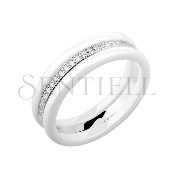 Two white ceramic rings and silver ring with zirconia