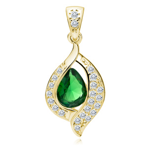 Silver (925) gold-plated, delicate pendant - emerald drop with white zirconias