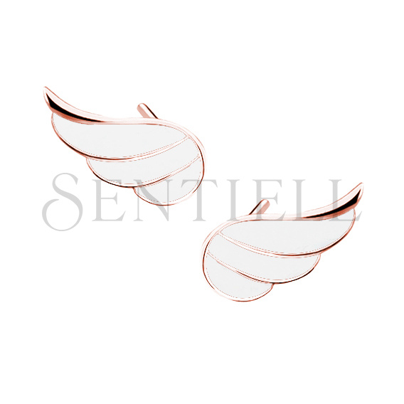 Silver (925) rose gold-plated earrings - wings with white enamel