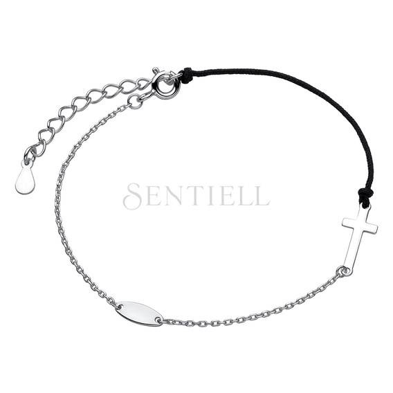 Silver (925) bracelet with black cord - cross