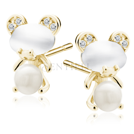 Silver (925) gold-plated earrings - teddybear with white zirconias and pearls