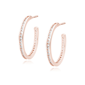 Silver (925) rose gold-plated earrings open hoop with white zirconias