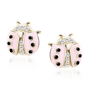 Silver (925)gold-plated earings - pink ladybug with zirconias