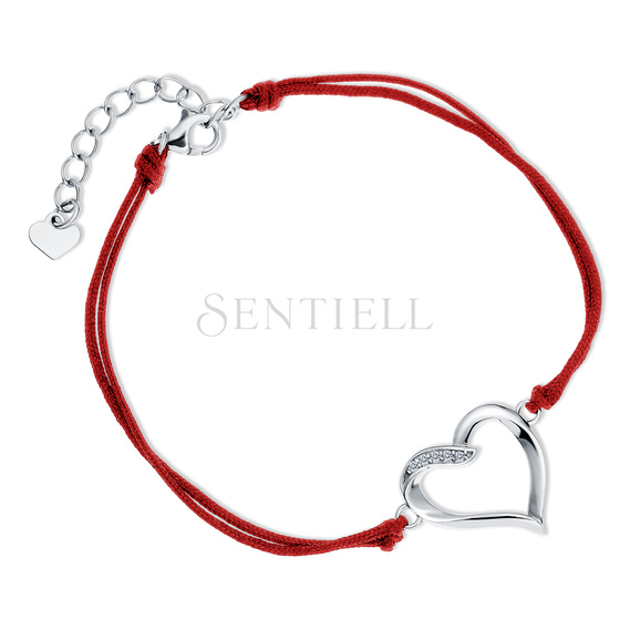 Silver (925) bracelet with double red cord - heart with white zirconias