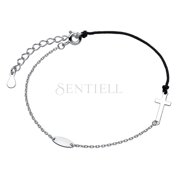 Silver (925) bracelet with black cord - cross