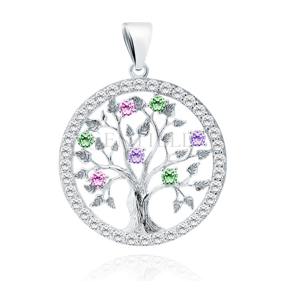 Silver (925) rhodium-plated pendant lucky tree with colorful zirconias