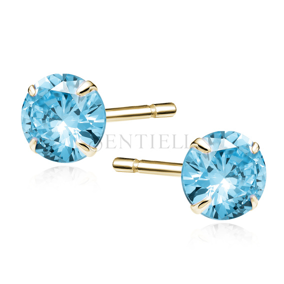 Silver (925) gold-plated earrings round aquamarine zirconia diameter 6mm