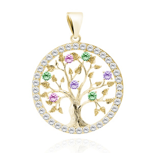 Colgante de árbol de la suerte en plata de ley 925 chapado en oro con circonitas de colores