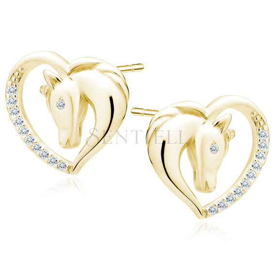 Silver (925) gold-plated heart earrings - horse with white zirconias