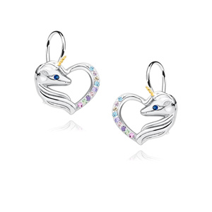 Silver (925) heart earrings - unicorn with various zirconias and sapphire eye