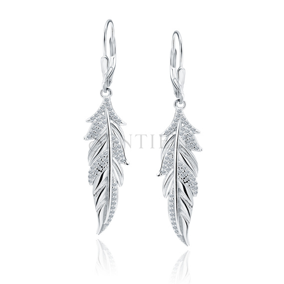 Silver (925) earrings with white zirconias - feather