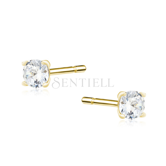 Pendientes de plata de ley 925 chapados en oro circonita blanca redonda 3 mm