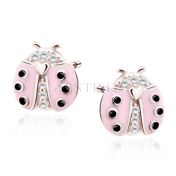Silver (925) rose gold-plated earings - pink ladybug with zirconias