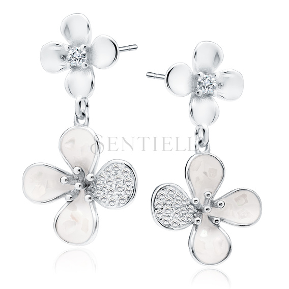 Silver (925) earrings flowers with nacre and white zirconias