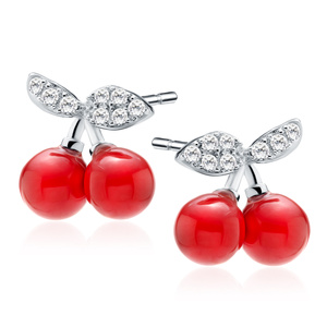 Silver (925) earrings - cherries with white zirconia and red pearl