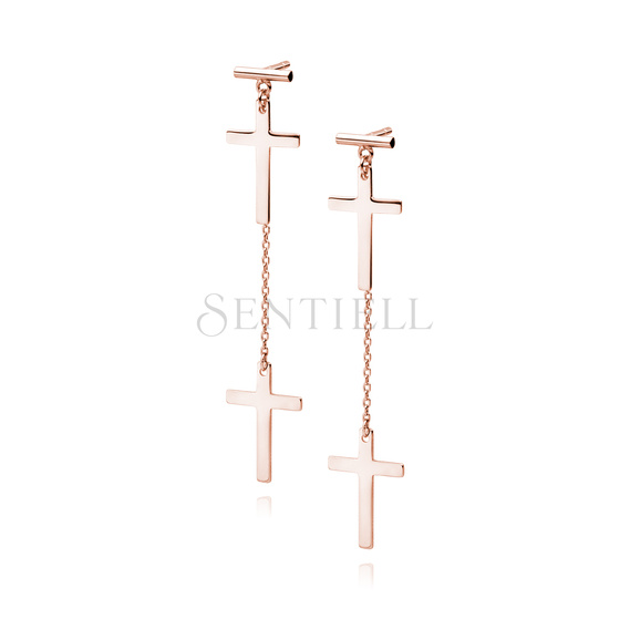 Silver (925) rose gold-plated earrings - crosses with chain