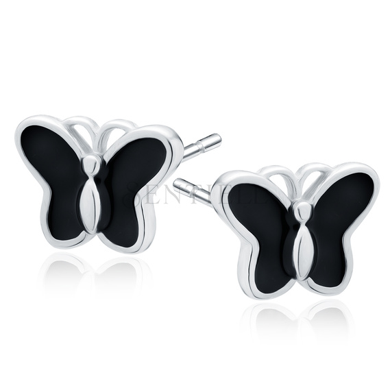 Silver (925) black enameled earrings - butterflies