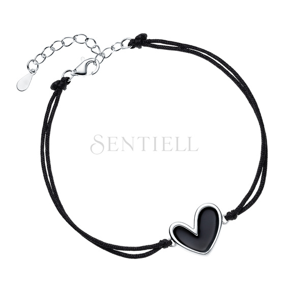 Pulsera plata de ley 925 corazón con esmalte negro y cordón negro