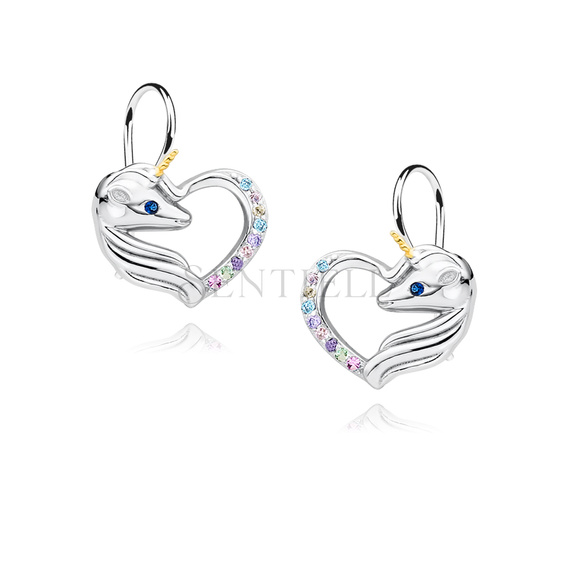 Silver (925) heart earrings - unicorn with various zirconias and sapphire eye