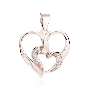 Silver (925) rose gold-plated pendant - heart with smaller heart with zirconias