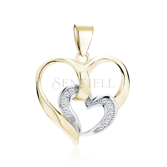 Silver (925) pendant - gold-plated heart with smaller heart with zirconias