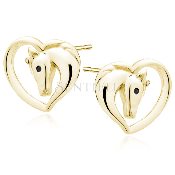 Silver (925) gold-plated heart earrings - horse with black eye