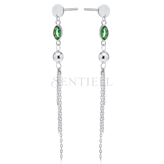 Silver (925) earrings with emerald zirconia, ball and chains