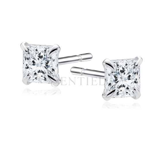 Pendientes de plata de ley 925 chapados en rodio circonitas blancas cuadradas 3 x 3 mm