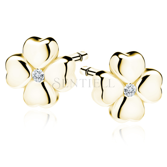 Silver (925) earrings gold-plated clover with white zirconia