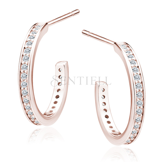 Silver (925) rose gold-plated earrings open hoop with white zirconias