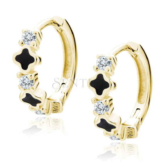 Silver (925) gold-plated earrings hoop with white zirconias and black enamel