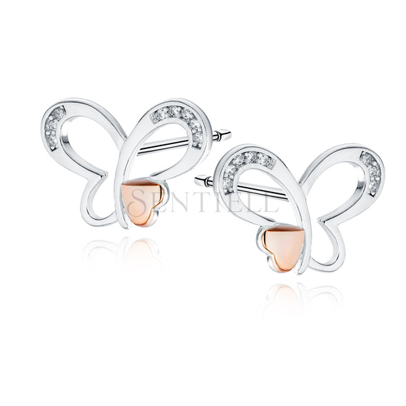 Silver (925) earrings butterfly with rose-gold plated heart and white zirconias