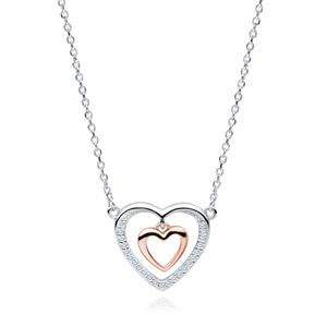 Silver (925) necklace - double heart with zirconias - rose gold-plated