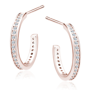 Silver (925) rose gold-plated earrings open hoop with white zirconias