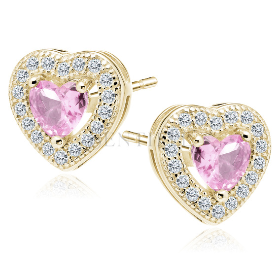 Pendientes de plata de ley 925 chapados en oro circonita rosa claro - corazones