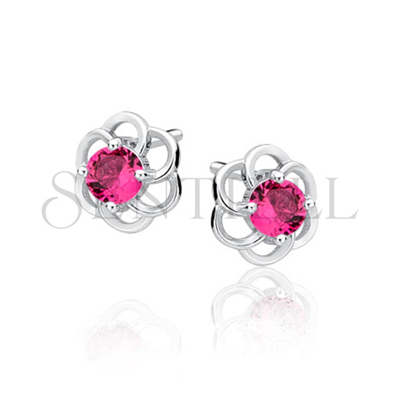 Silver (925) elegant earrings - flowers with ruby zirconia