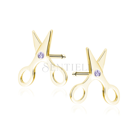 Silver (925) gold-plated earings - scissors with violet zirconias