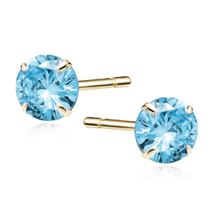 Pendientes de plata de ley 925 chapados en oro con circonita redonda color aguamarina diámetro 6 mm