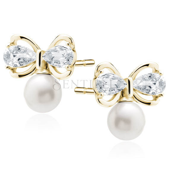 Silver (925) gold-plated earrings with pearls and boes with white zirconias