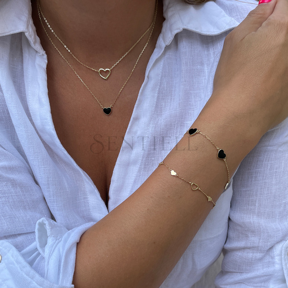 Pulsera de plata de ley 925 chapada en oro - corazón con esmalte negro