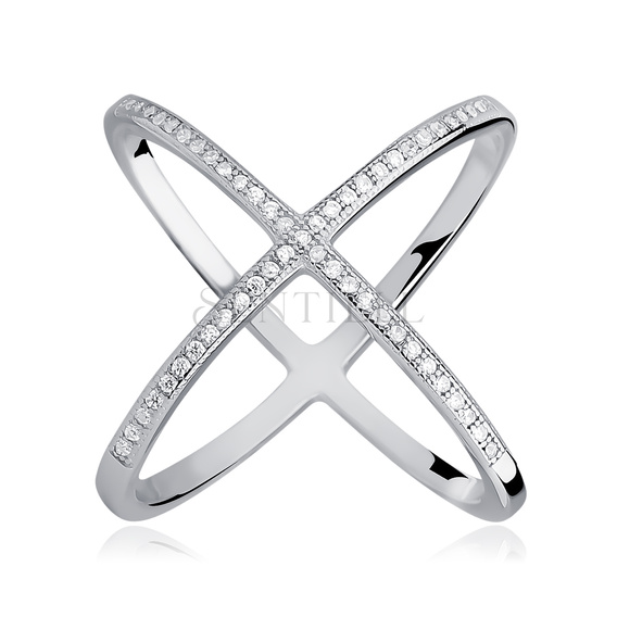 Anillo doble grande en X de plata de ley 925 con circonita blanca
