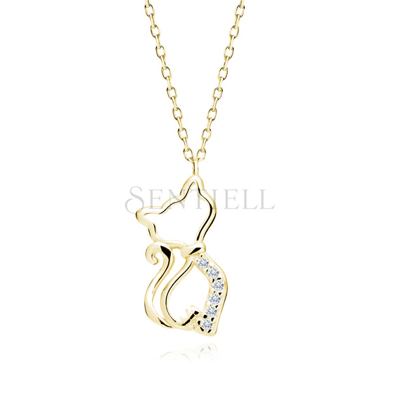 Silver (925) gold-pated necklace cat with white zirconias