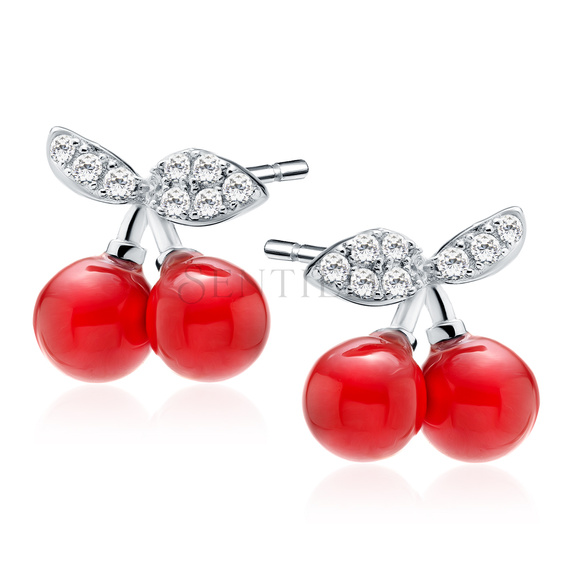 Silver (925) earrings - cherries with white zirconia and red pearl