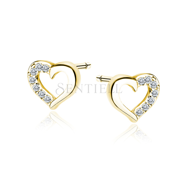 Silver (925) gold-plated earrings - hearts with white zirconias