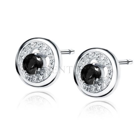 Silver (925) elegant round earrings with black zirconia and heart