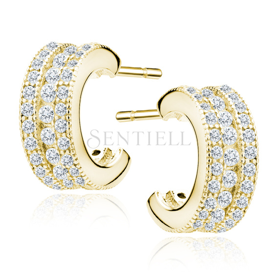 Silver (925) gold-plated earrings open hoop with three rows of zirconia