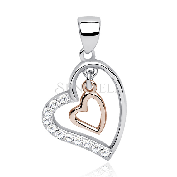 Silver (925) pendant - rose gold-plated heart in heart with zirconia