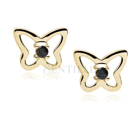 Silver (925) Earrings black zirconia - butterflies gold-plated