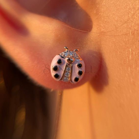 Silver (925) rose gold-plated earings - pink ladybug with zirconias